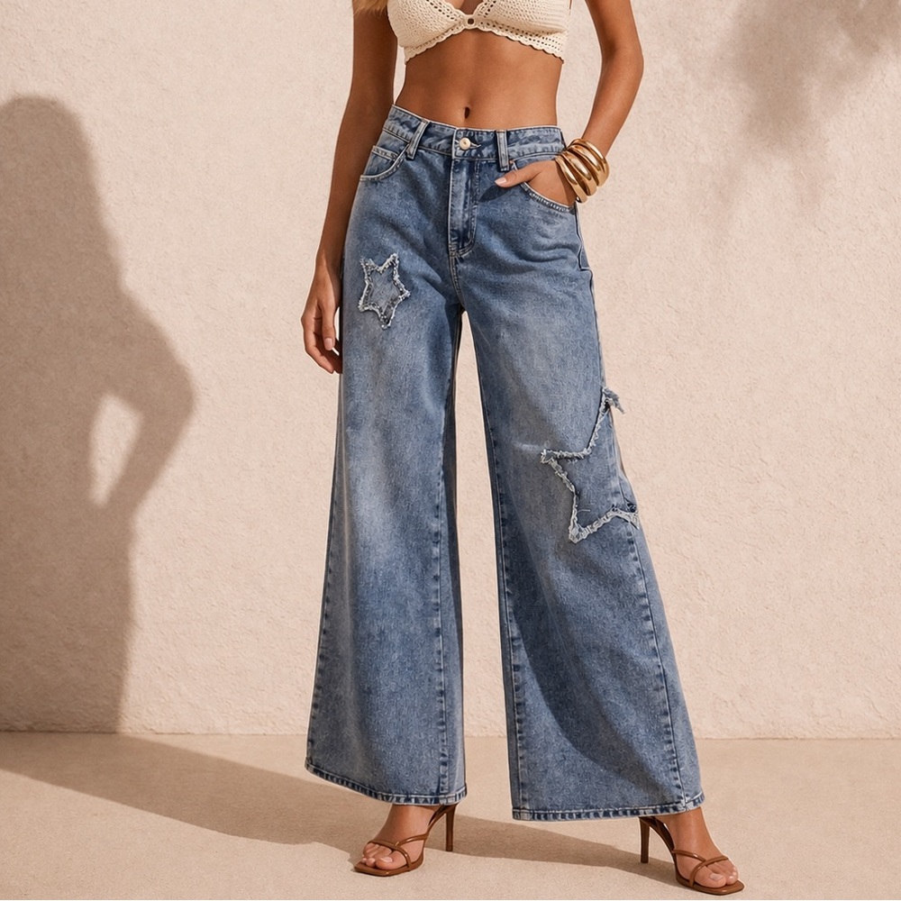 Wide Leg Star Patch Blue Jeans for Women